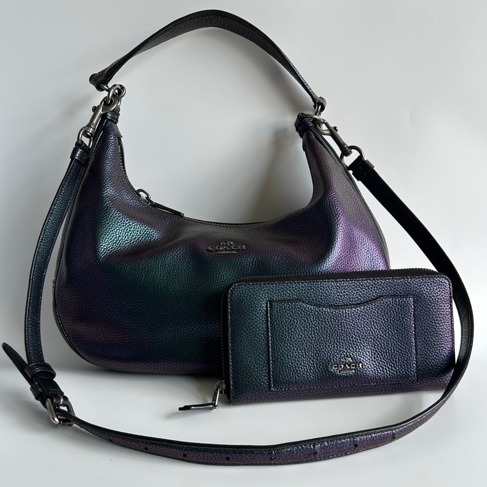 Coach Harley Hobo Iridescent Leather Bag Wallet Set F24352 Good‎